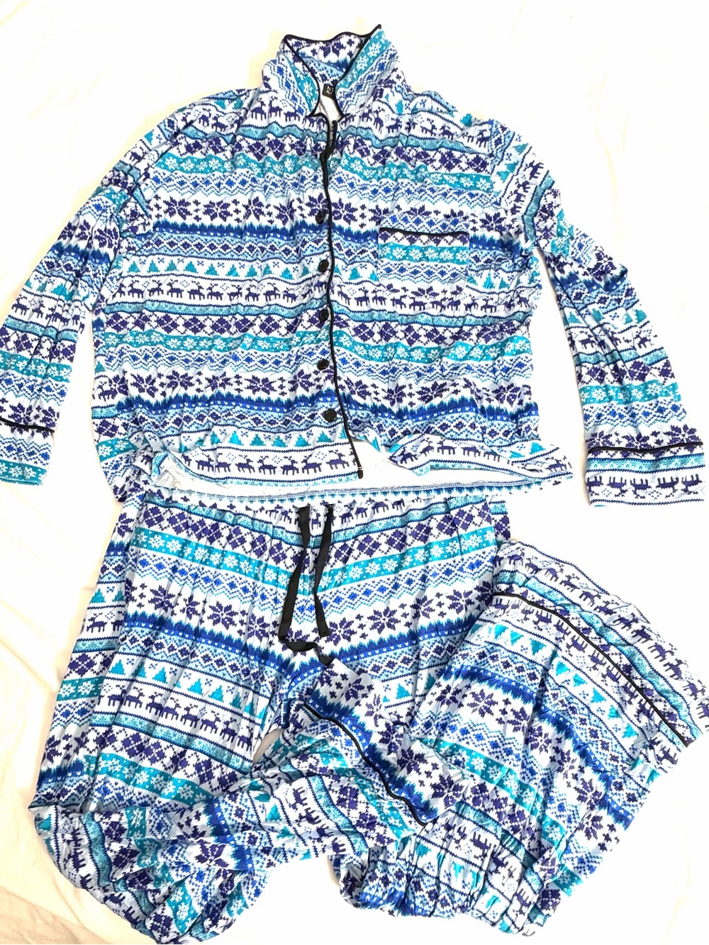 New York & Company Blue and White Kids Pajama Set Size L - Winter Fair Isle